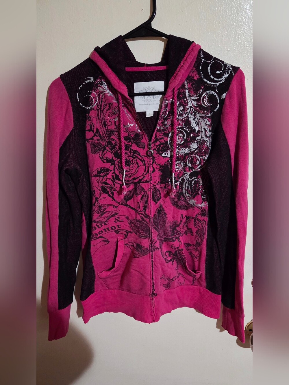 Womens Rare Y2K Hott Pink & Black Blingy Grunge Full Zip Hoodie Size S Fits M/L